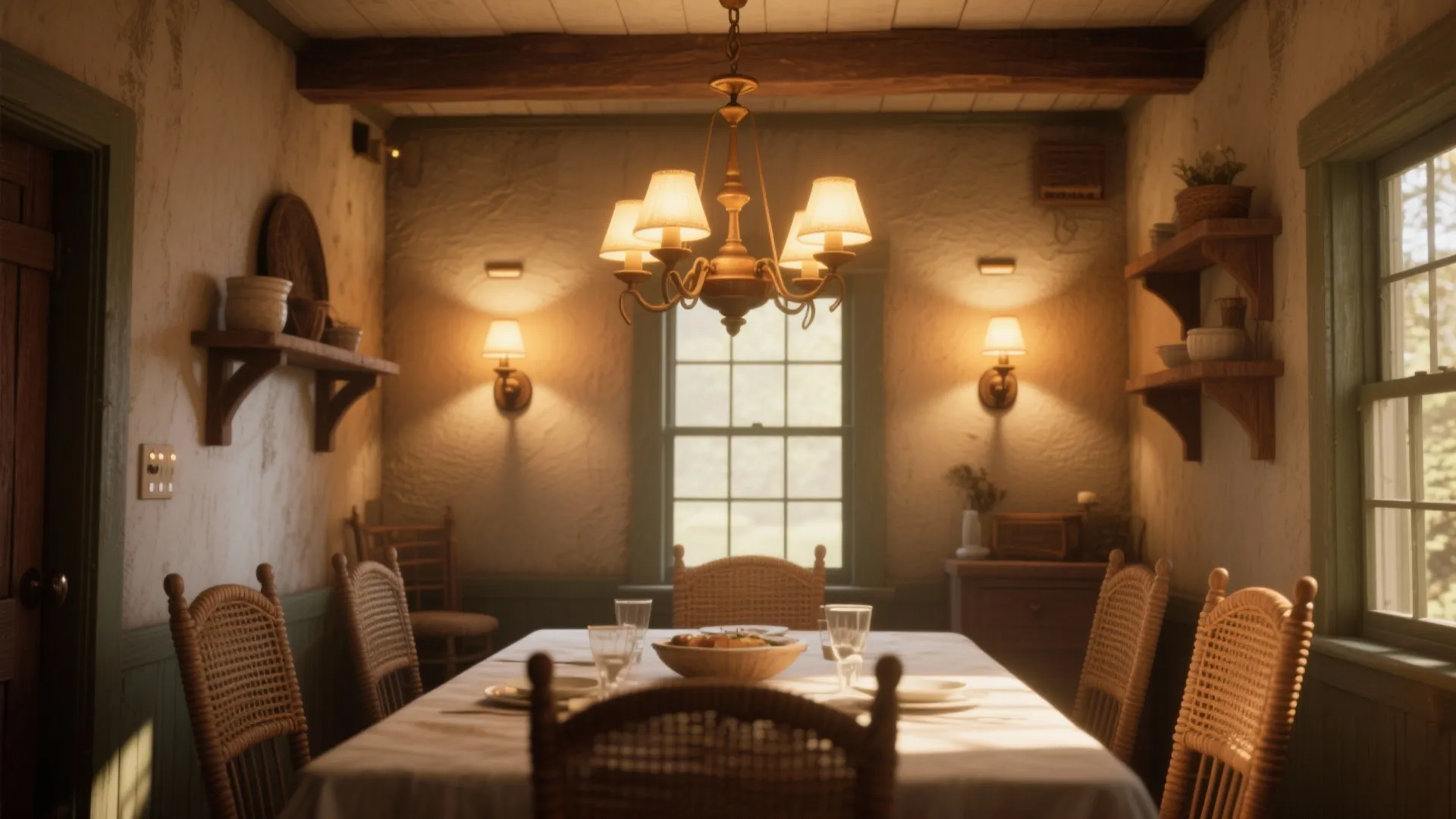 3. Layered lighting: wall sconces plus a central fixture