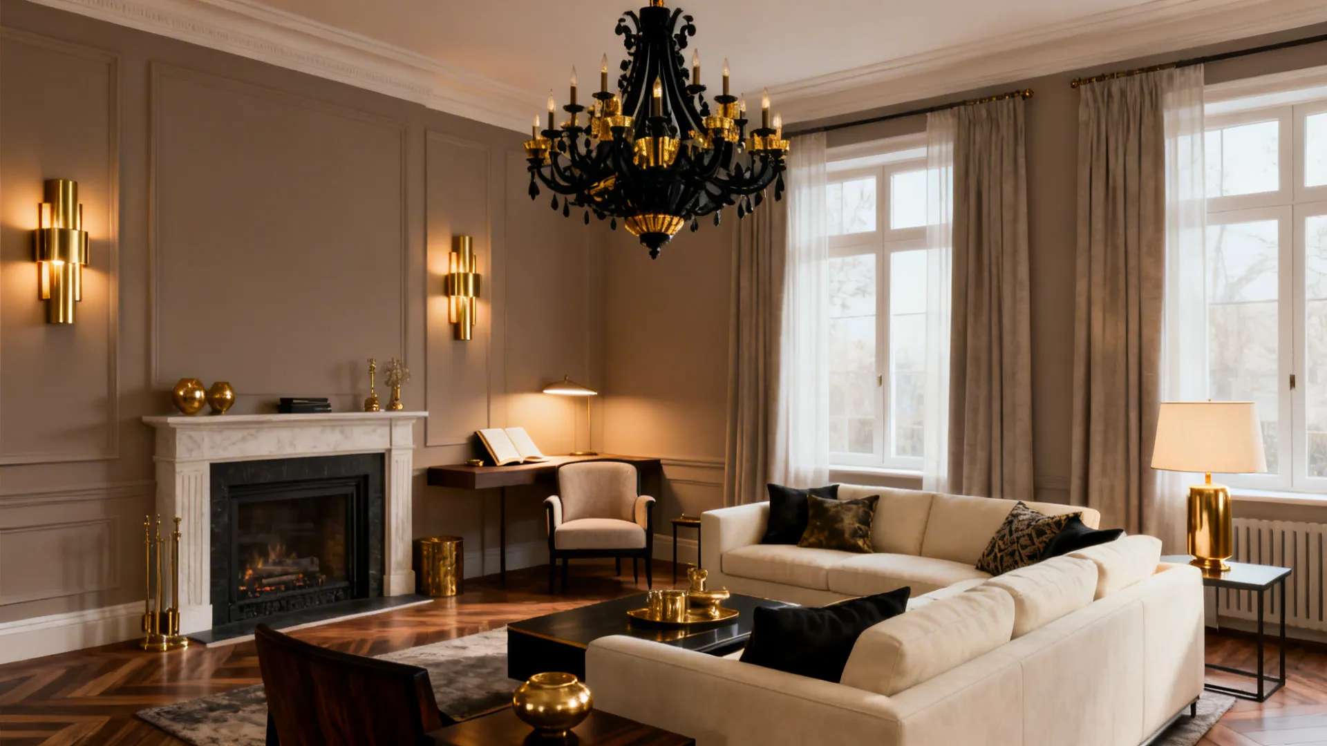 Living room with a black-and-gold chandelier and matching wall sconces creating layered lighting.