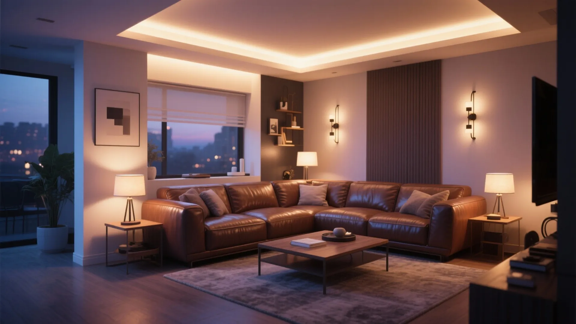 Modern living room with leather sofa brown rug coffee table table lamps and wall lights