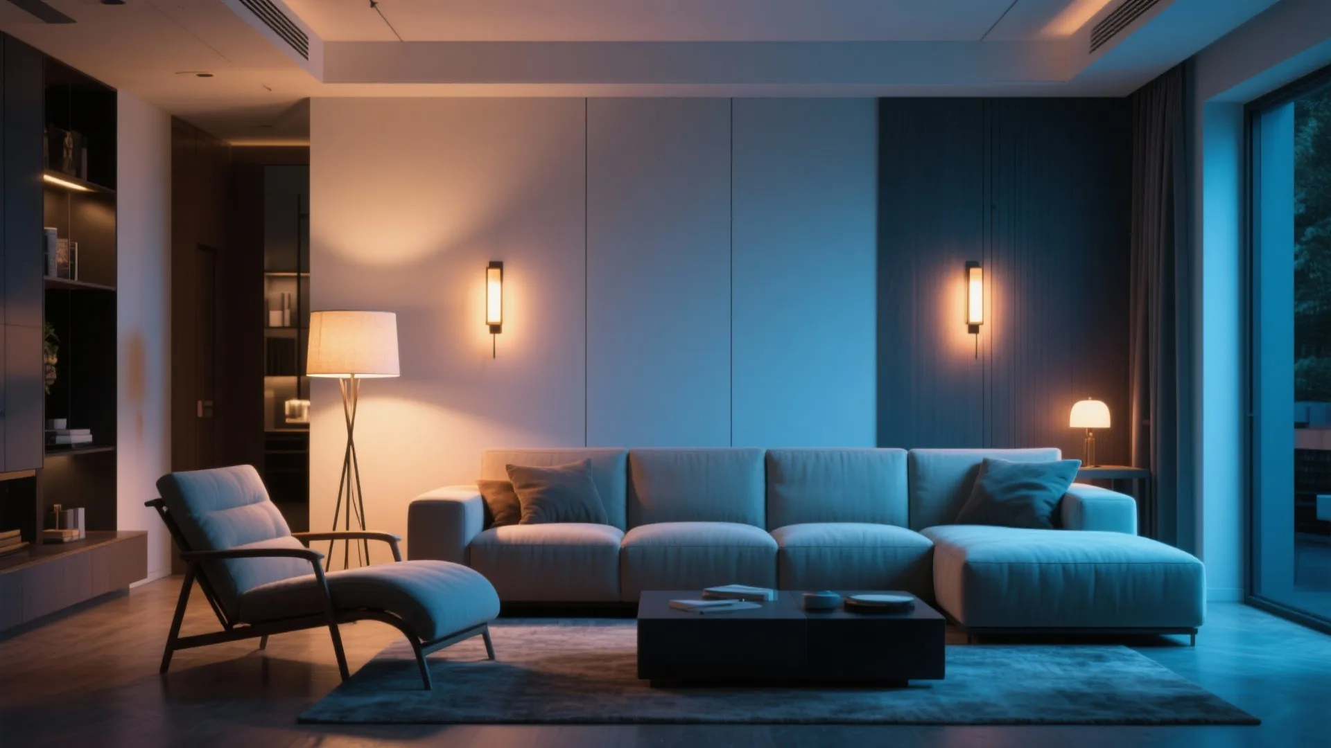 Modern living room with grey sofa floor lamp wall lights blue and warm ambient lighting