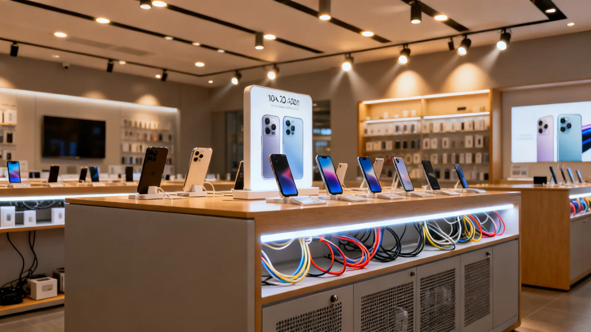 Small phone shop with ambient downlights, accent beams on hero phones, and shelf-edge LEDs.