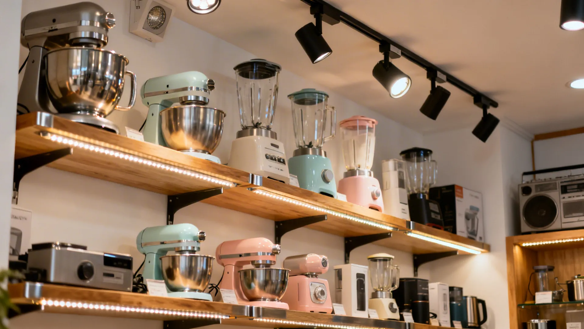 Kitchen appliances displayed on wooden shelves with led strip lights and black ceiling light fixtures