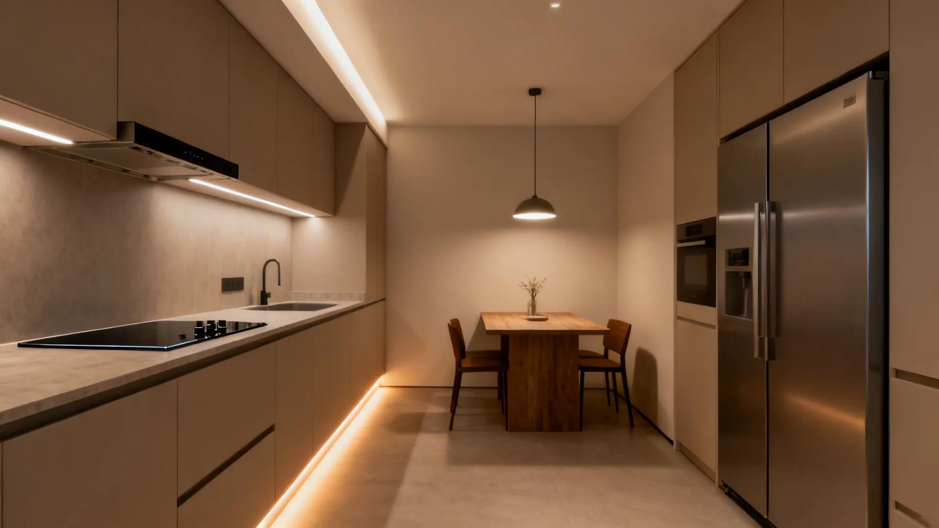 Small kitchen with task strips, ambient lighting, pendant, and slim appliances
