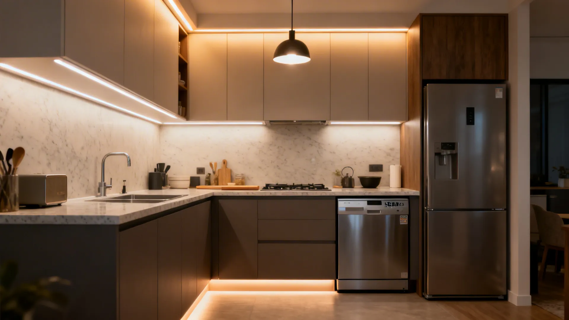 Compact modern kitchen with under-cabinet LEDs, uplighting, pendant, and slim-depth appliances.