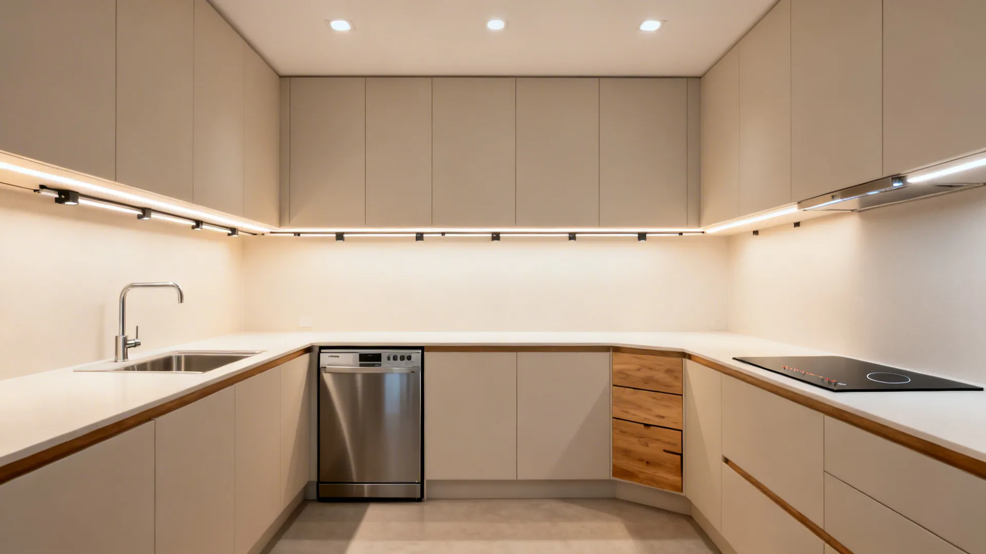 L-shaped kitchen with under-cabinet LEDs, rail task light, and slim appliances for efficient workflow.
