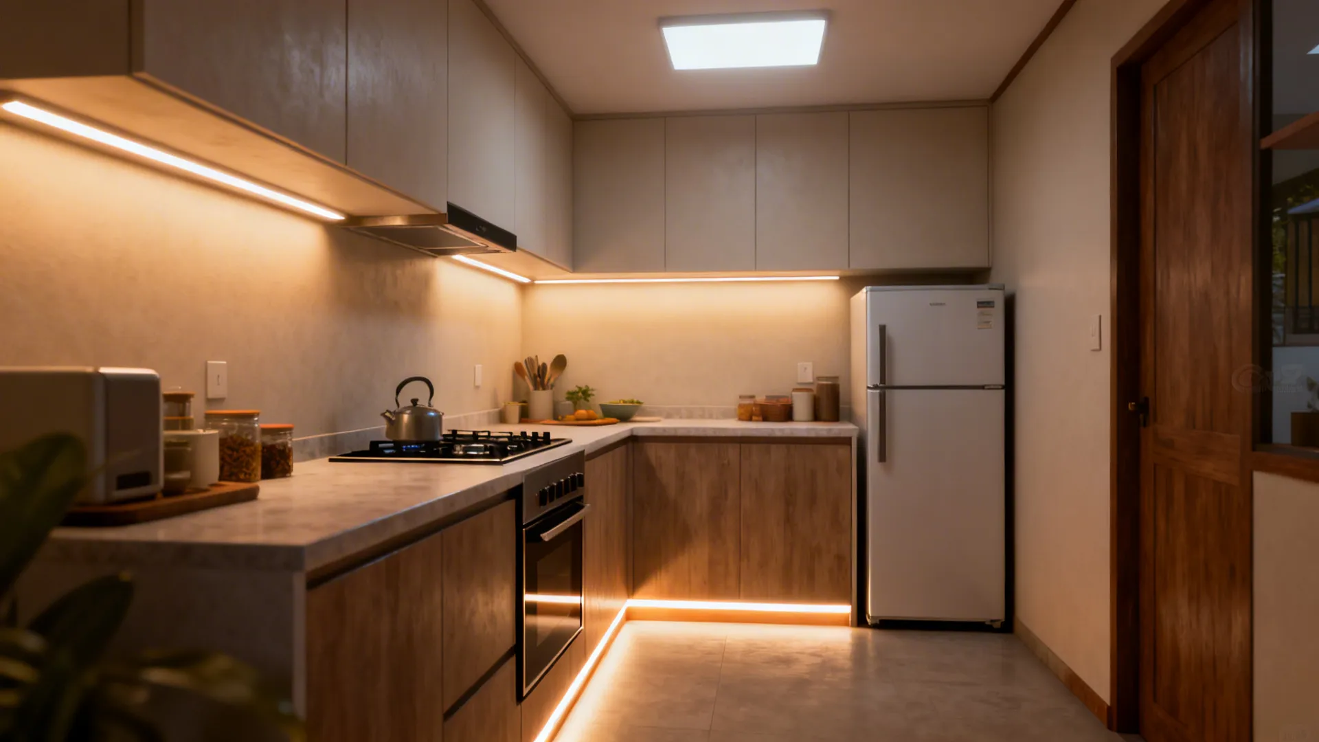 Compact kitchen with under-cabinet and toe-kick LEDs and slim cooktop and fridge.