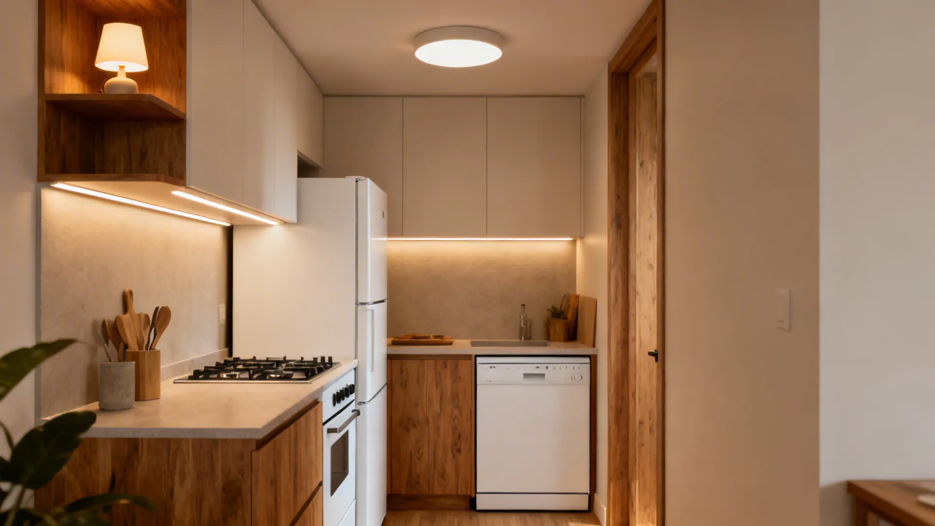 Compact kitchen with layered lighting and integrated slim appliances for better space and brightness.