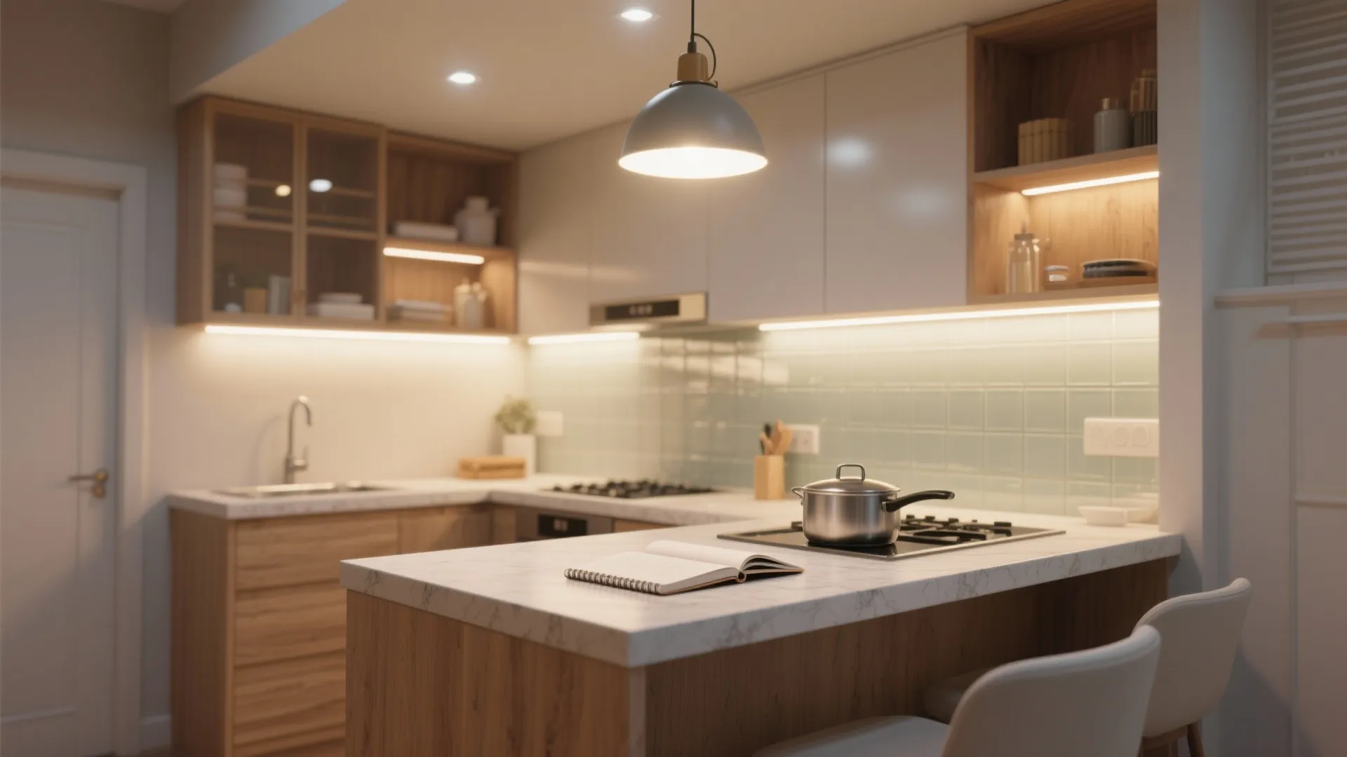 Modern kitchen with wooden cabinets grey ceiling light marble counter stainless pot sink and tiles
