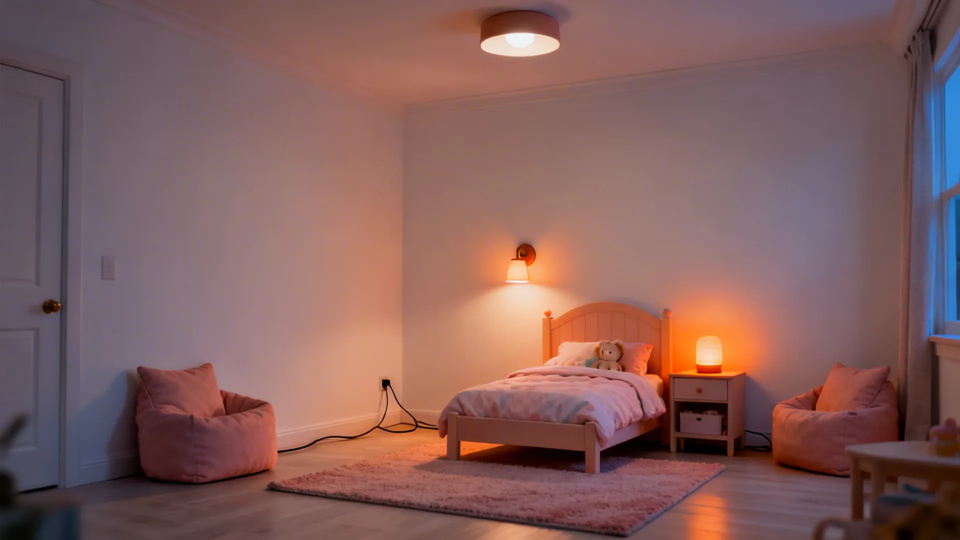 Small toddler bedroom with layered warm lighting and washable textiles in a calm neutral palette.