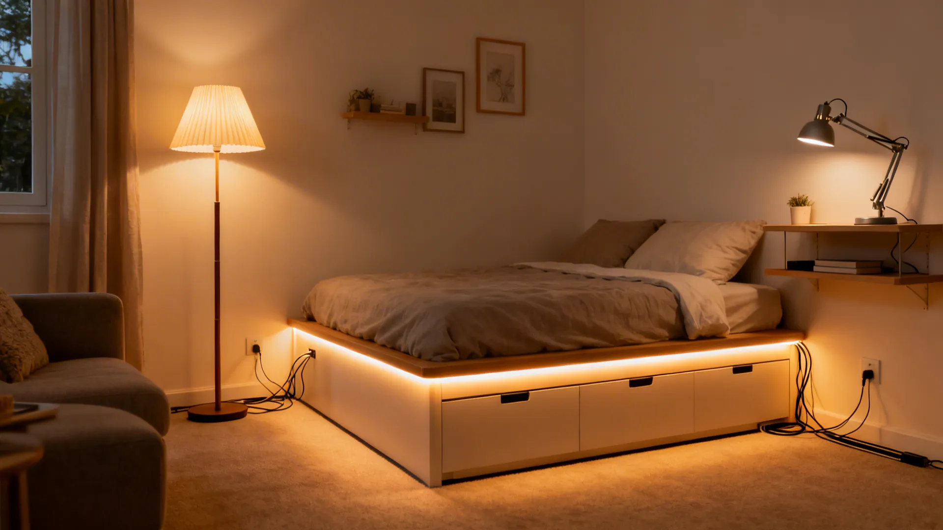 Small living area with paper floor lamp, clamp lamp, and warm LED strip for layered lighting.