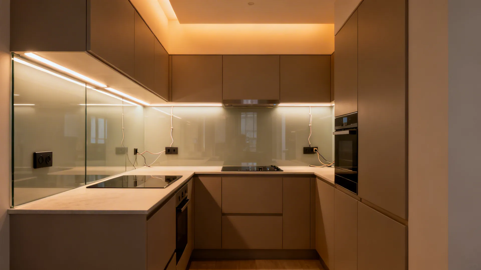 Small kitchen with task strips, warm ambient lighting, and accents.