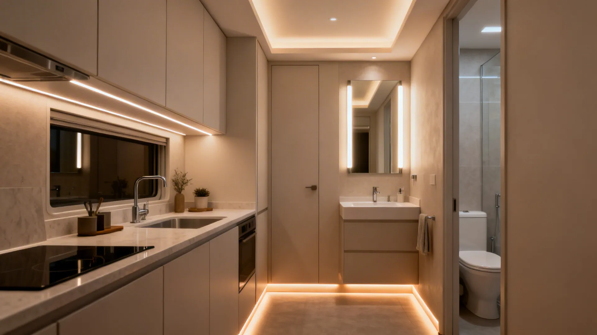 Small kitchen and bath with under-cabinet task lights, ambient ceiling wash, toe-kick LEDs, and mirror-side lights.
