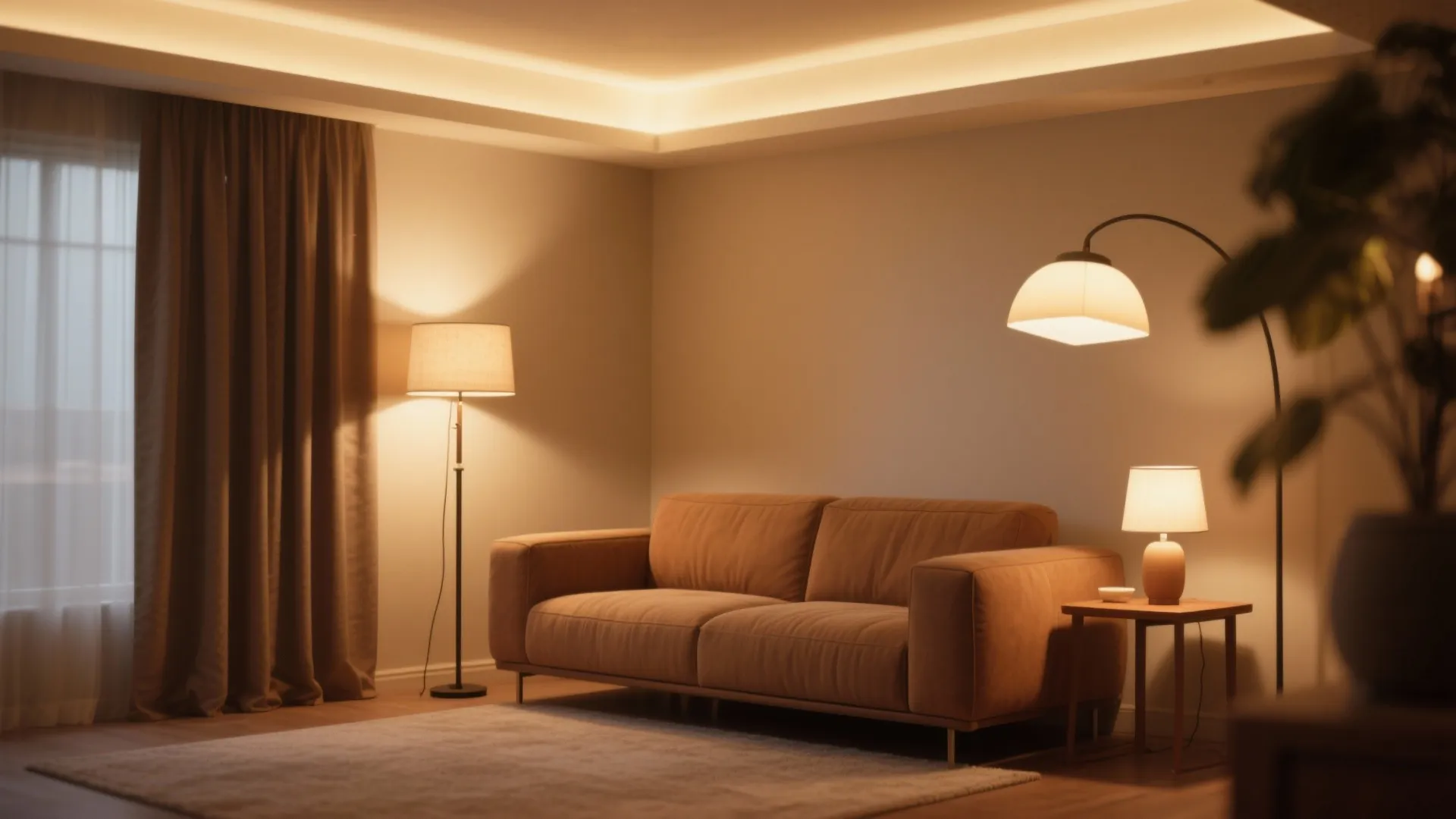Cozy living room interior featuring brown sofa floor lamp table lamp and warm ceiling light