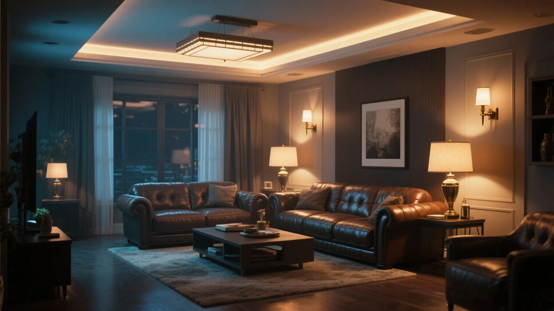 Leather sectional in ambient layered lighting setup