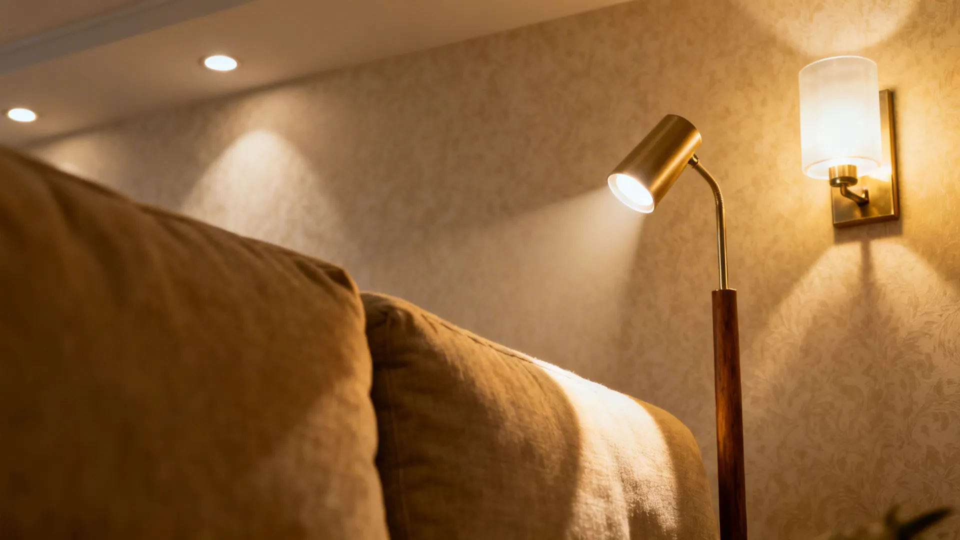 Cozy sofa corner with floor lamp, wall light, and recessed ceiling lights providing warm lighting