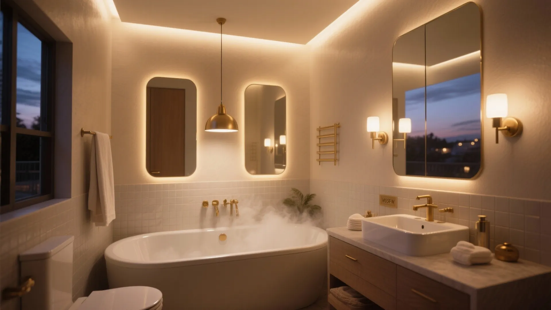 Small bathroom with jacuzzi tub illuminated by cove lights, backlit mirror, and a warm pendant.