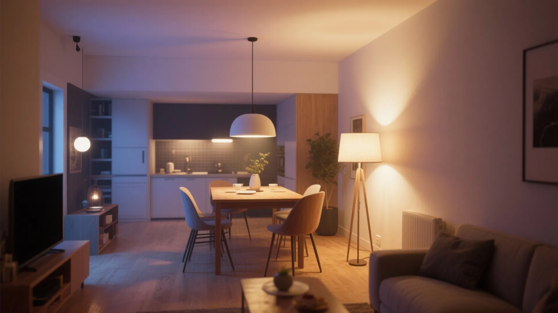 Small living dining area with layered lighting sources