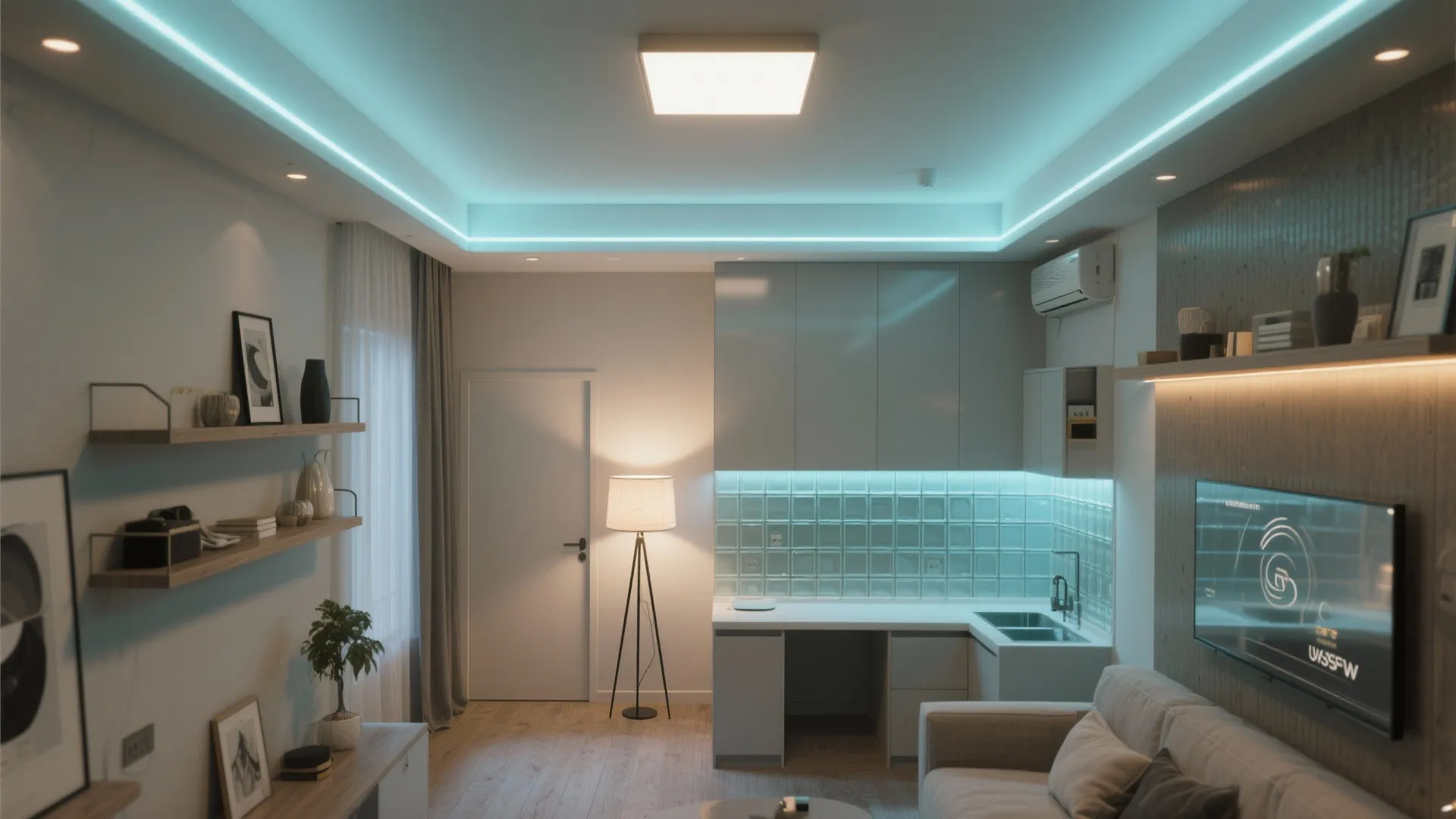 Studio apartment with layered lighting and bright ambiance