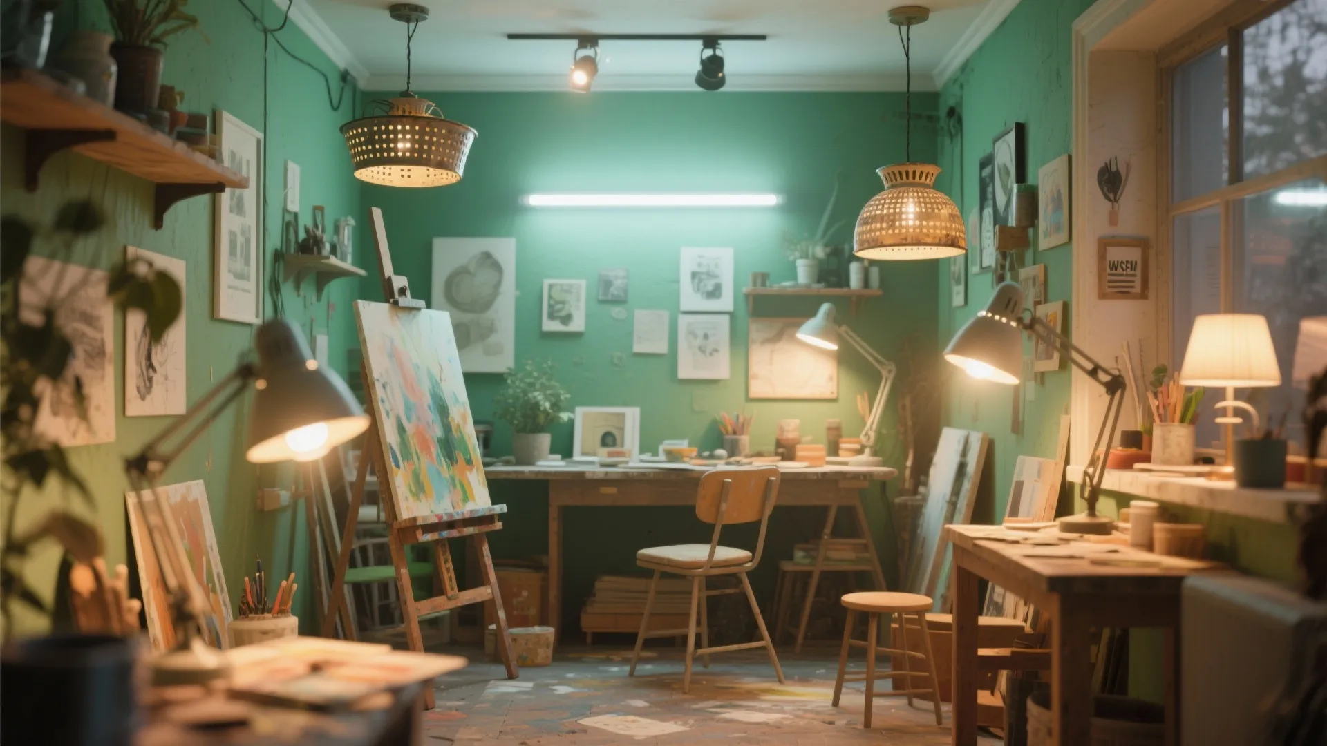 Green art studio with many light fixtures highlighting an easel plus wooden desks and wall art