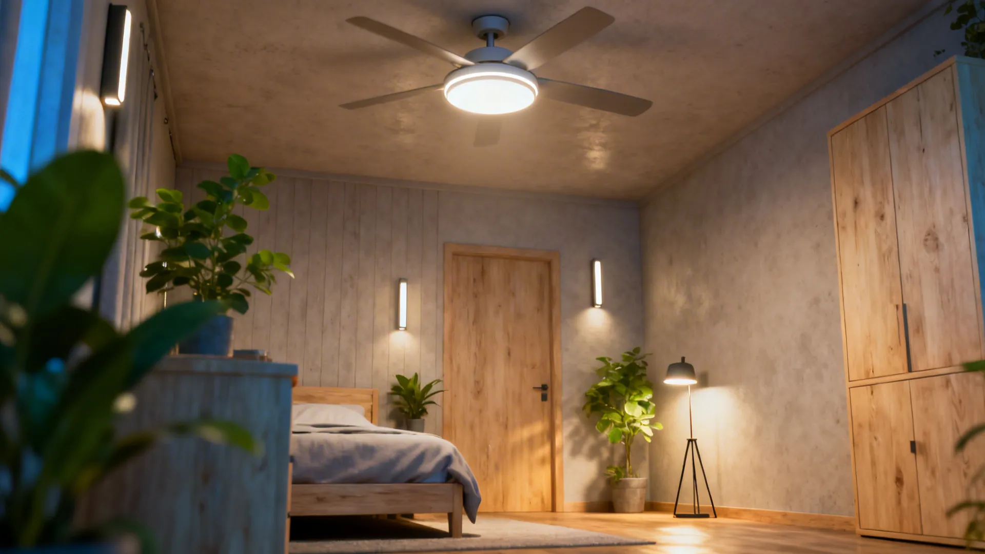 Studio bedroom with a flush fan, wall sconces, and a floor lamp creating layered lighting