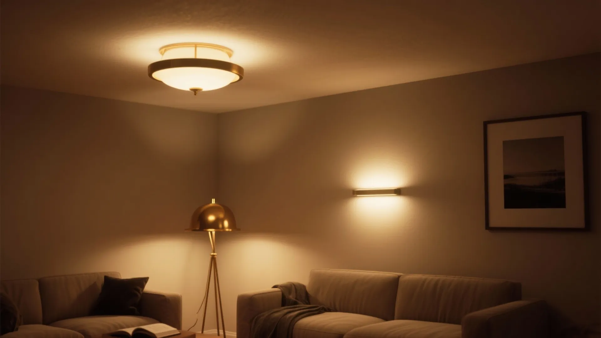 Living room with warm lighting from a ceiling light golden floor lamp and wall light