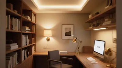 Warm Home Office Design with Wood Shelving