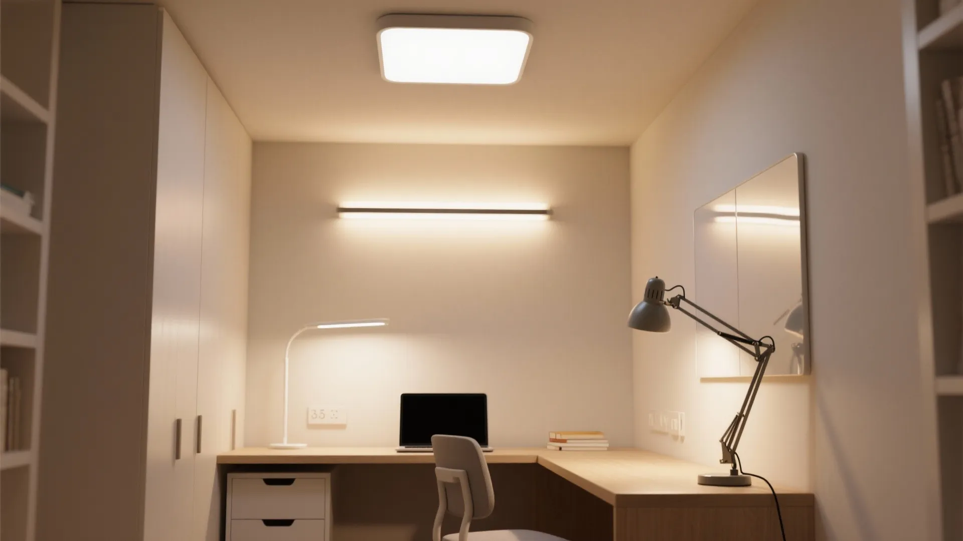 Small home office with wooden corner desk ceiling light wall light and two different desk lamps