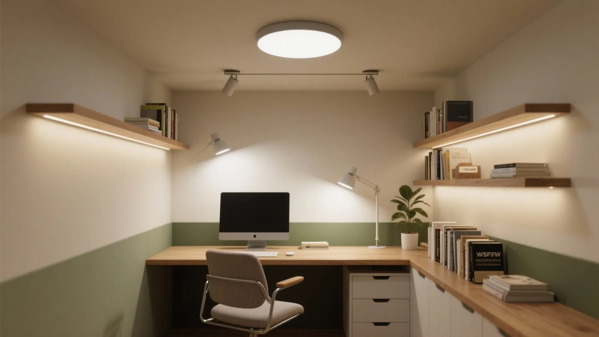 Home office with wooden desk computer grey chair ceiling light wall lights and bookshelf setup