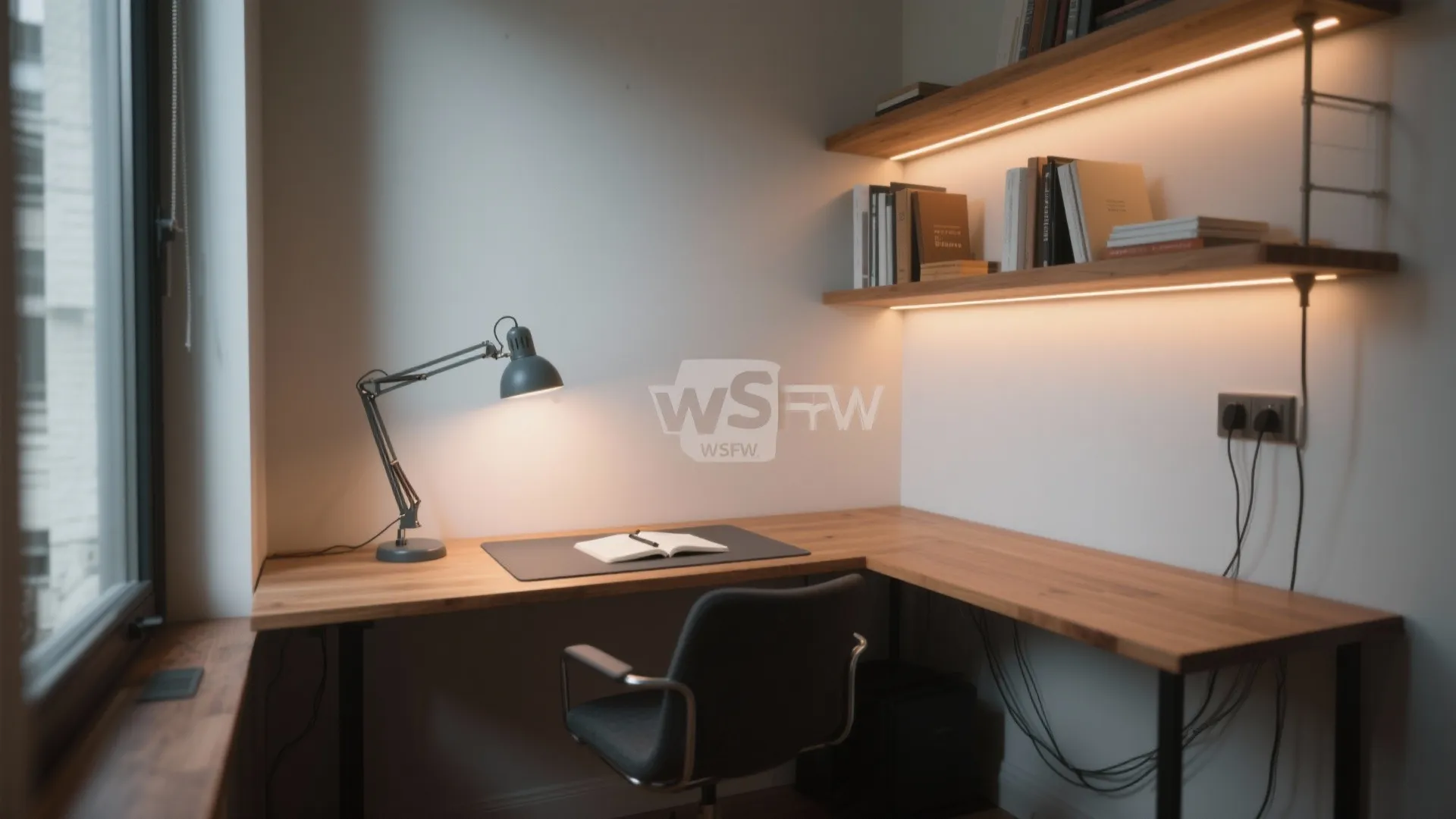 Small study with task lamp, ambient wall wash, and warm accent lighting on shelves.