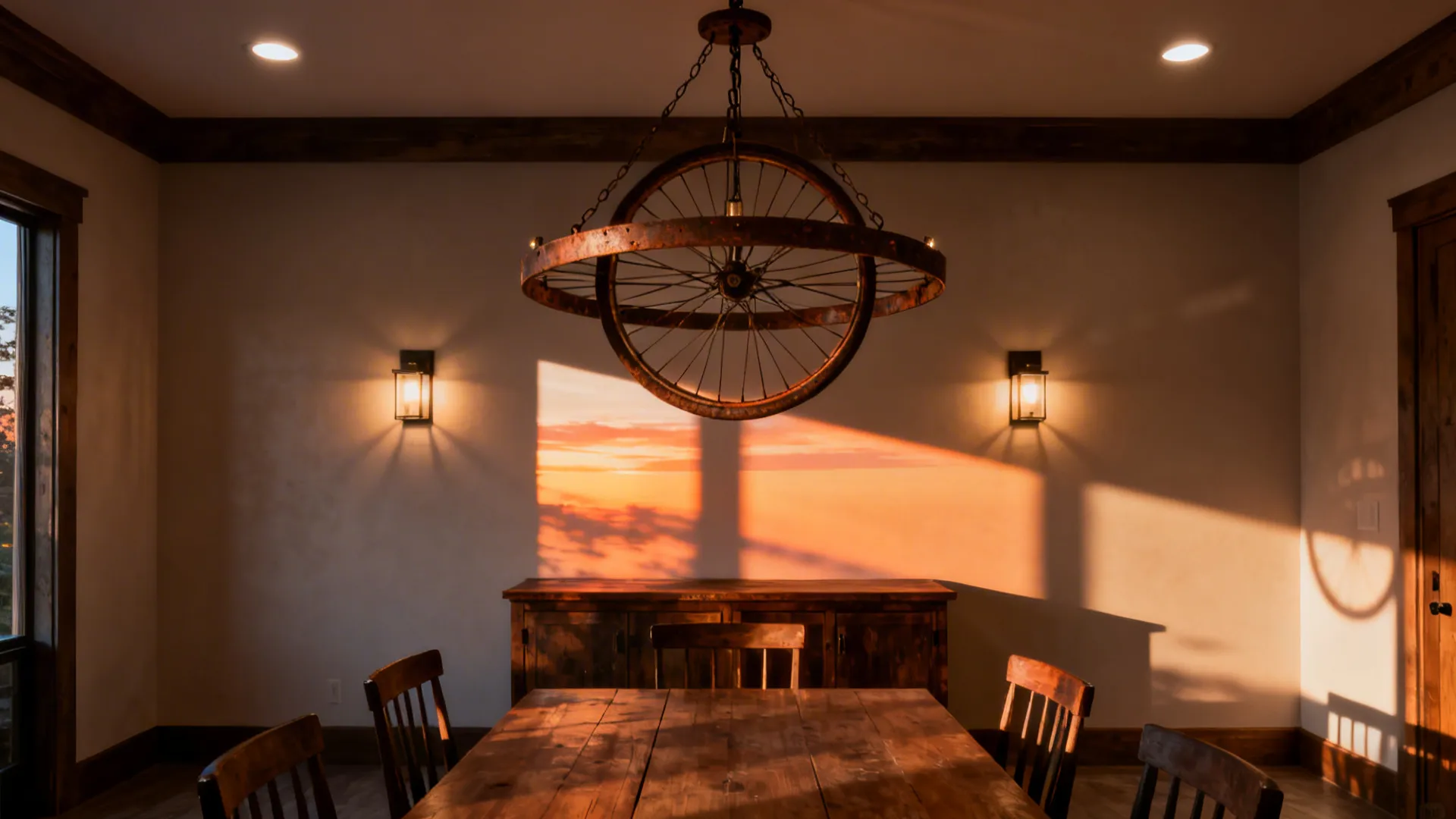 Dining room showing statement pendant chandelier, wall sconces and recessed lights in layered arrangement