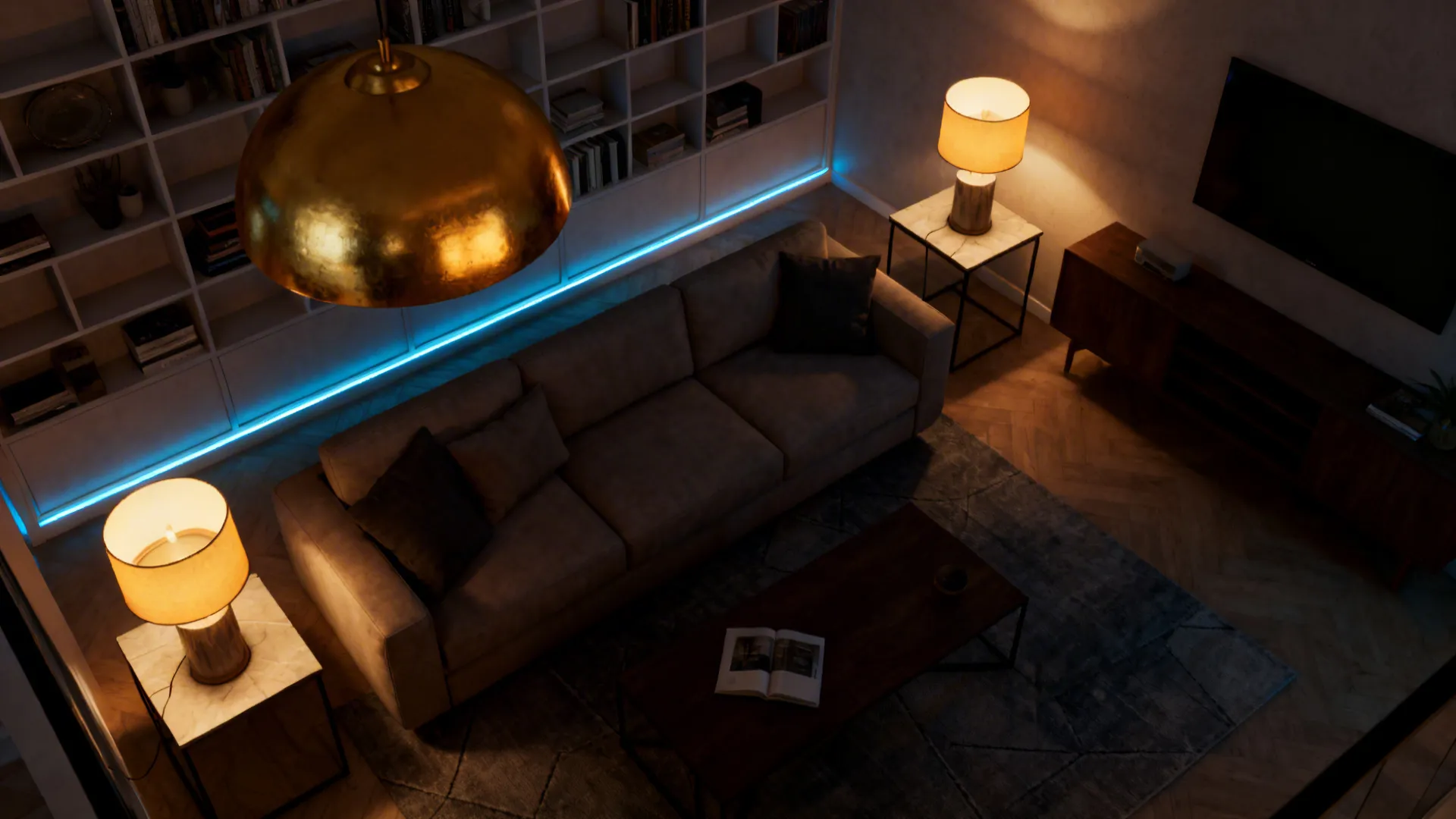 5. Layer Lighting: Warm Gold Fixtures and Cool Blue Accent LEDs