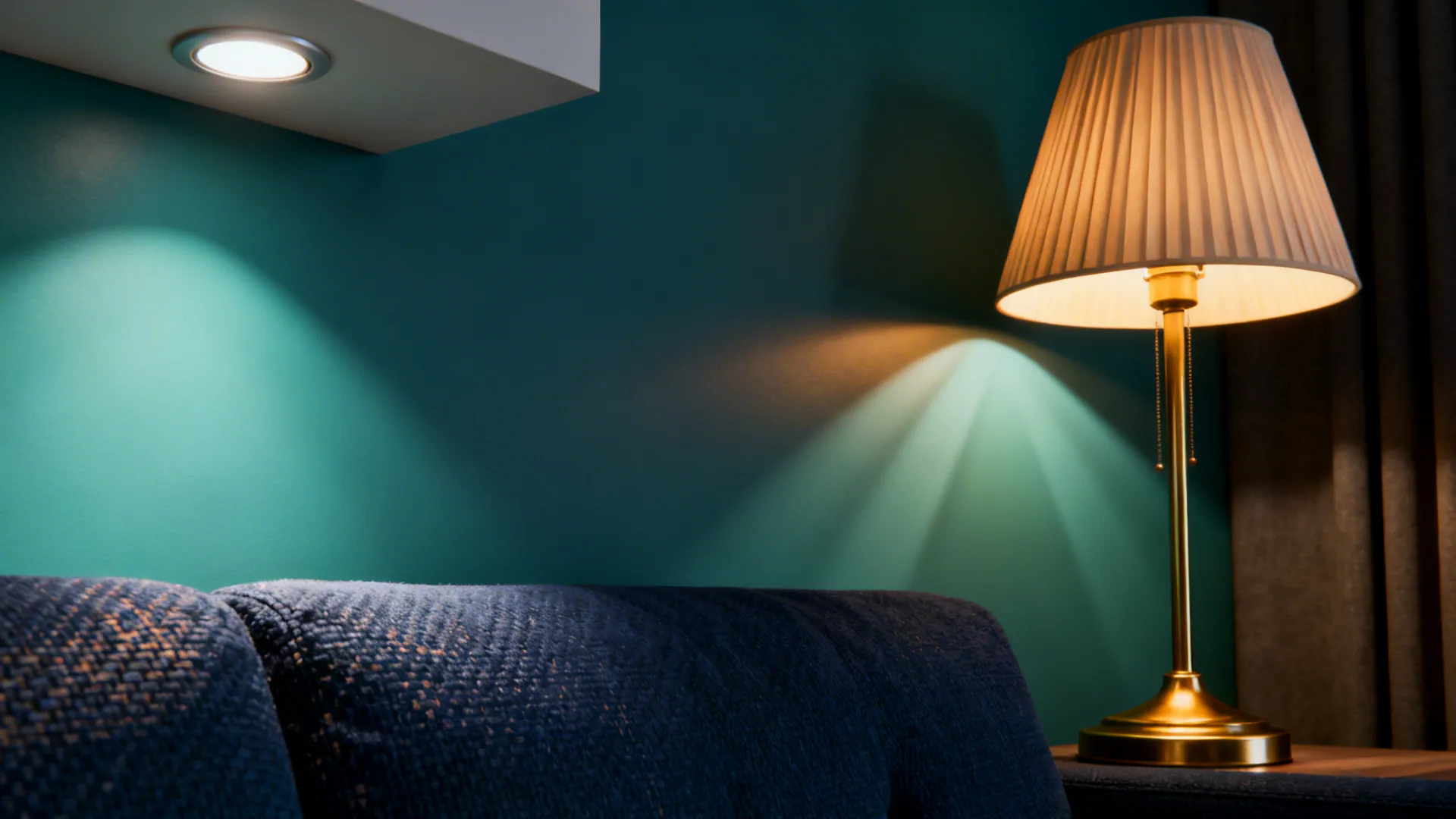 Close-up of layered lighting showing warm lamp and dimmable overhead light on teal wall and navy fabric