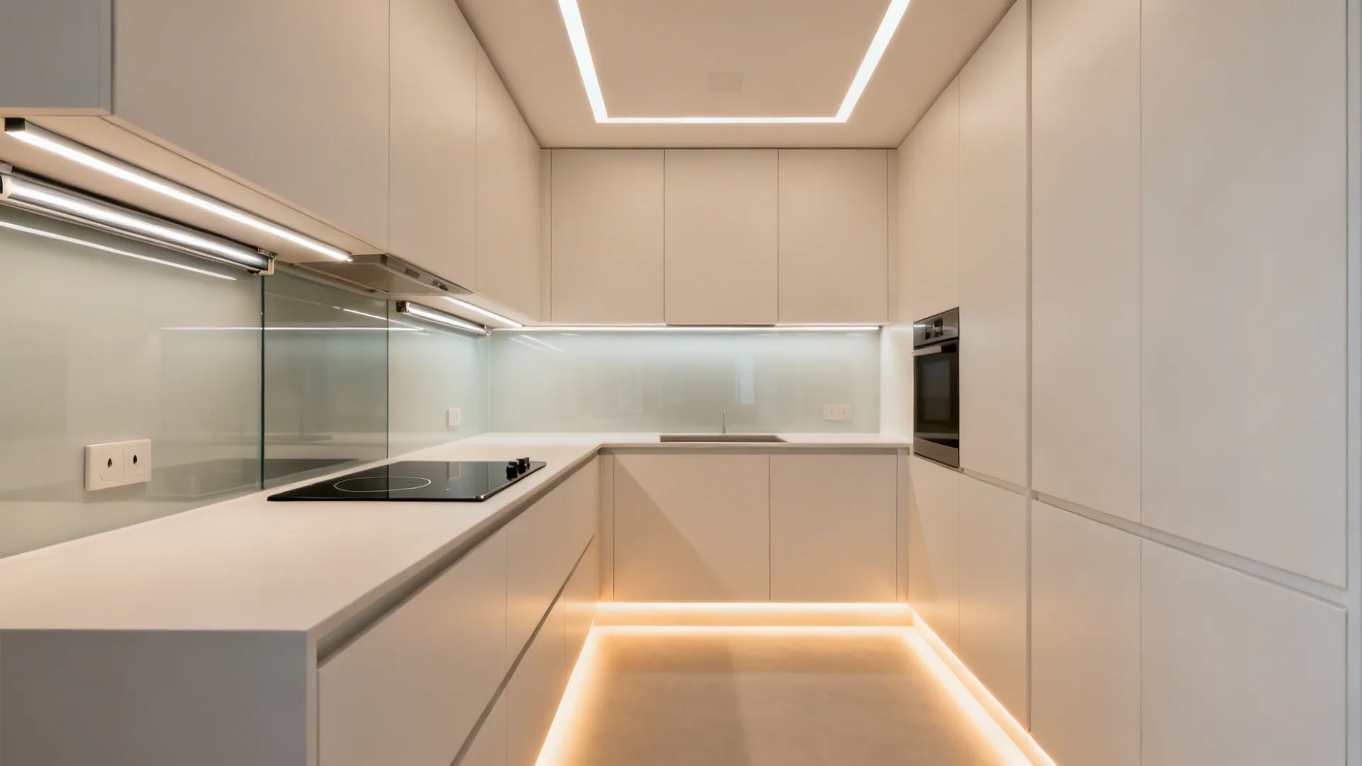 Compact modern kitchen with ambient, task, and toe-kick lighting and integrated tech.