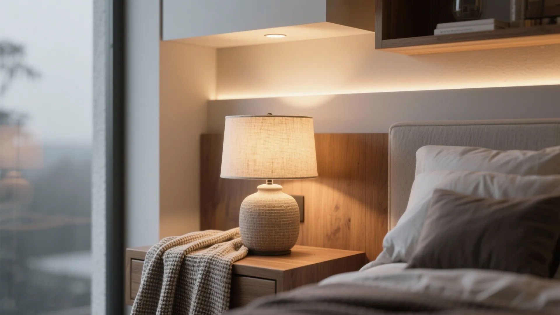 Table lamp and recessed lighting highlighting textured fabrics and warm wood in a suite