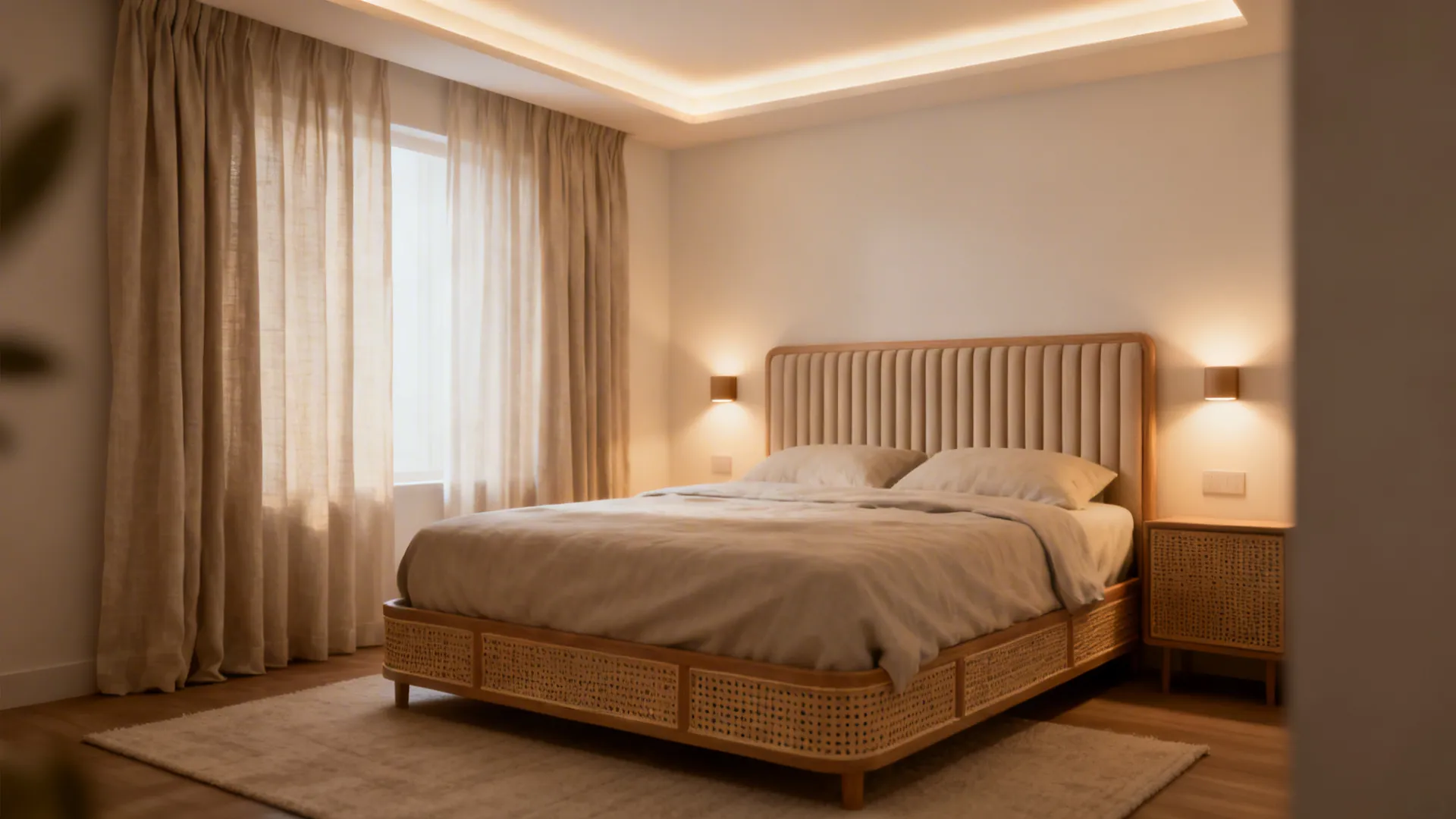 Layered warm lighting, linen curtains, and ribbed headboard create a soothing small bedroom.