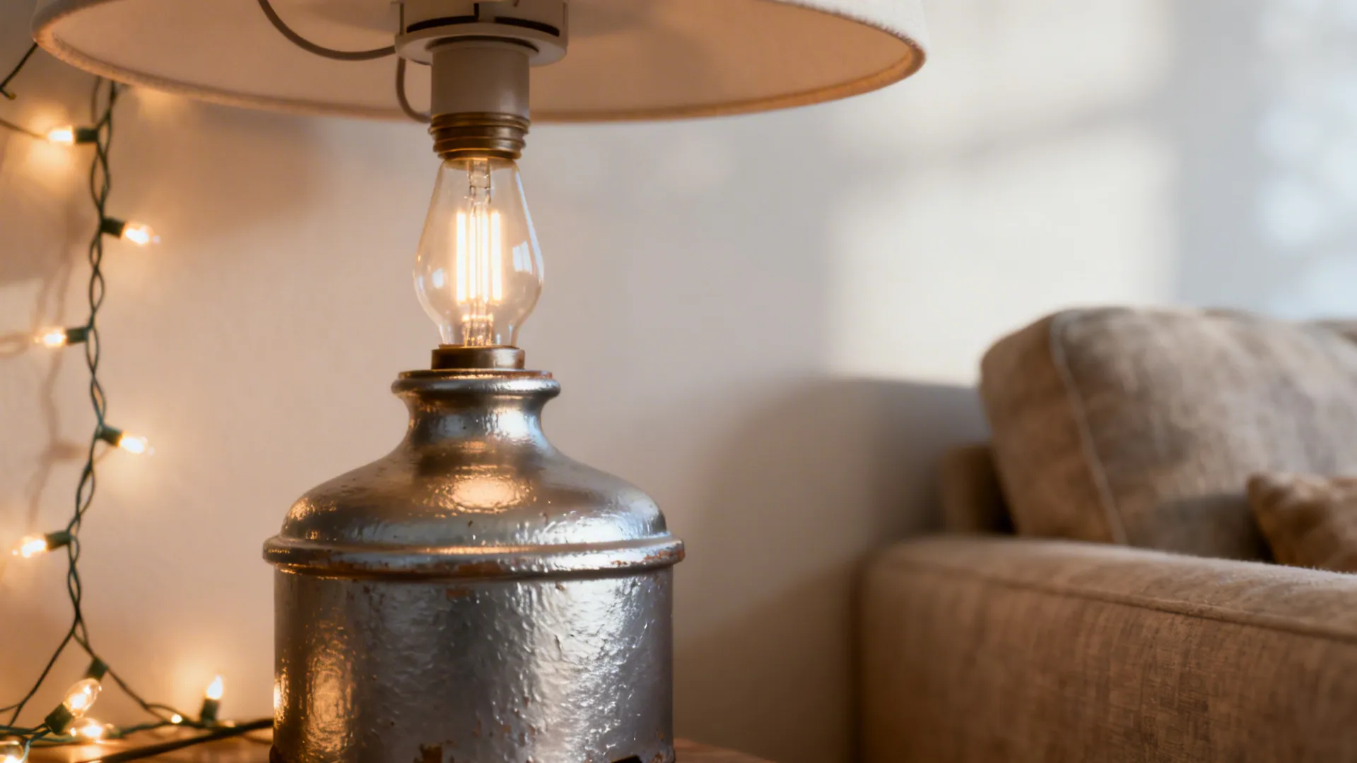 Refinished thrifted lamp base with warm LED bulb and string lights creating a cozy corner.