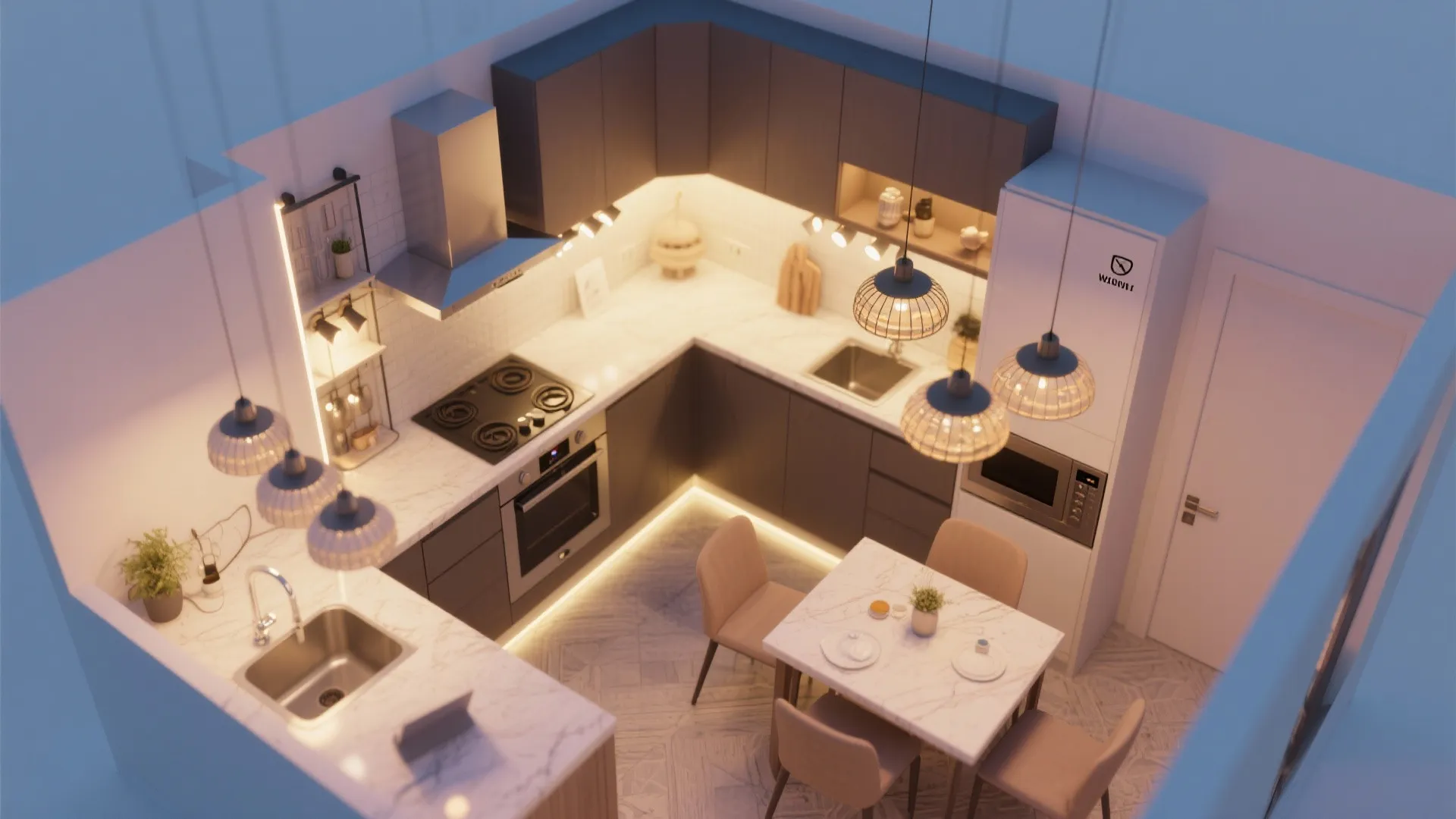Top view of a small kitchen showing layered lighting plan