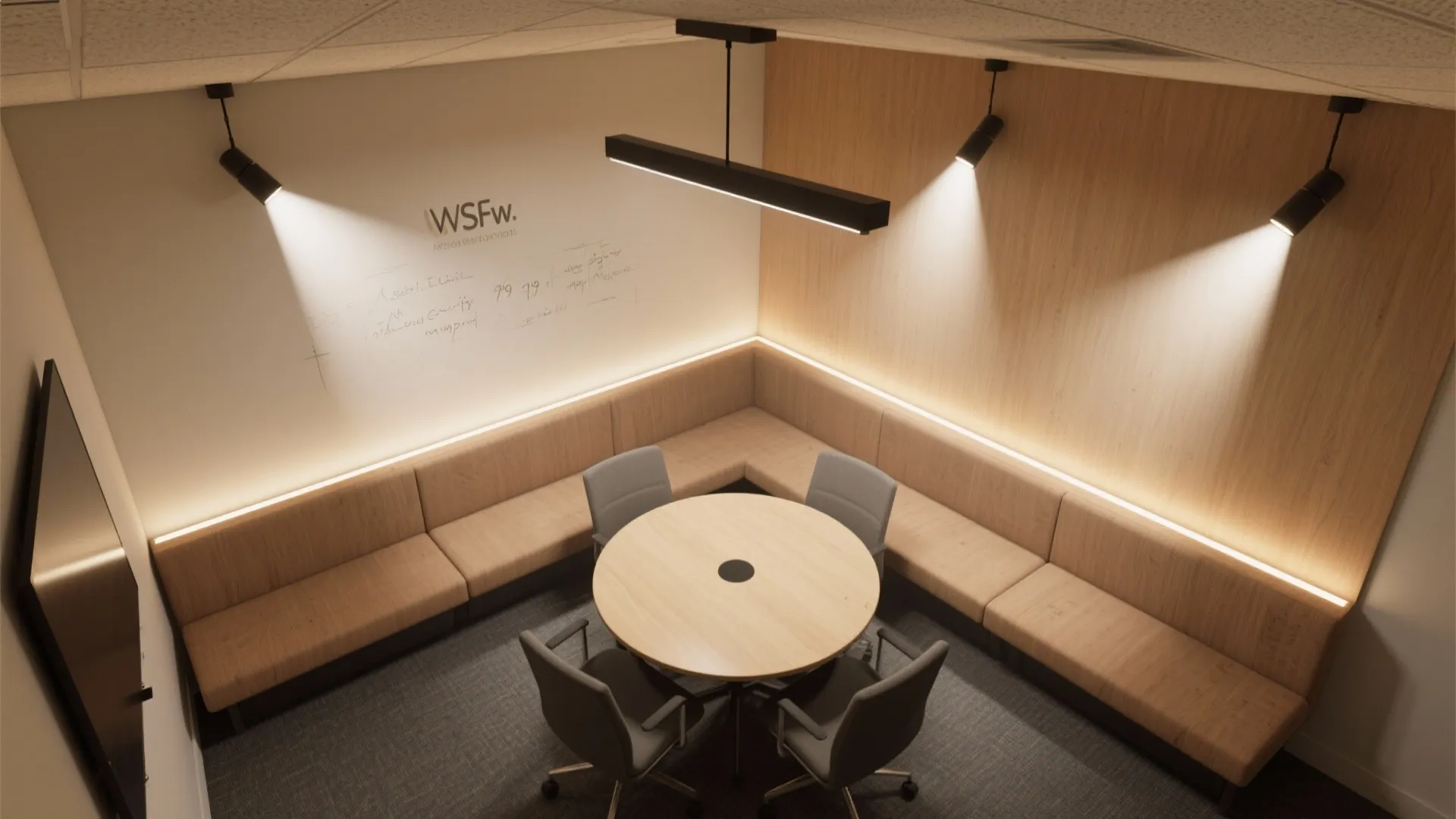Top-down lighting plan for a small meeting room with ambient, task, and wall-wash layers