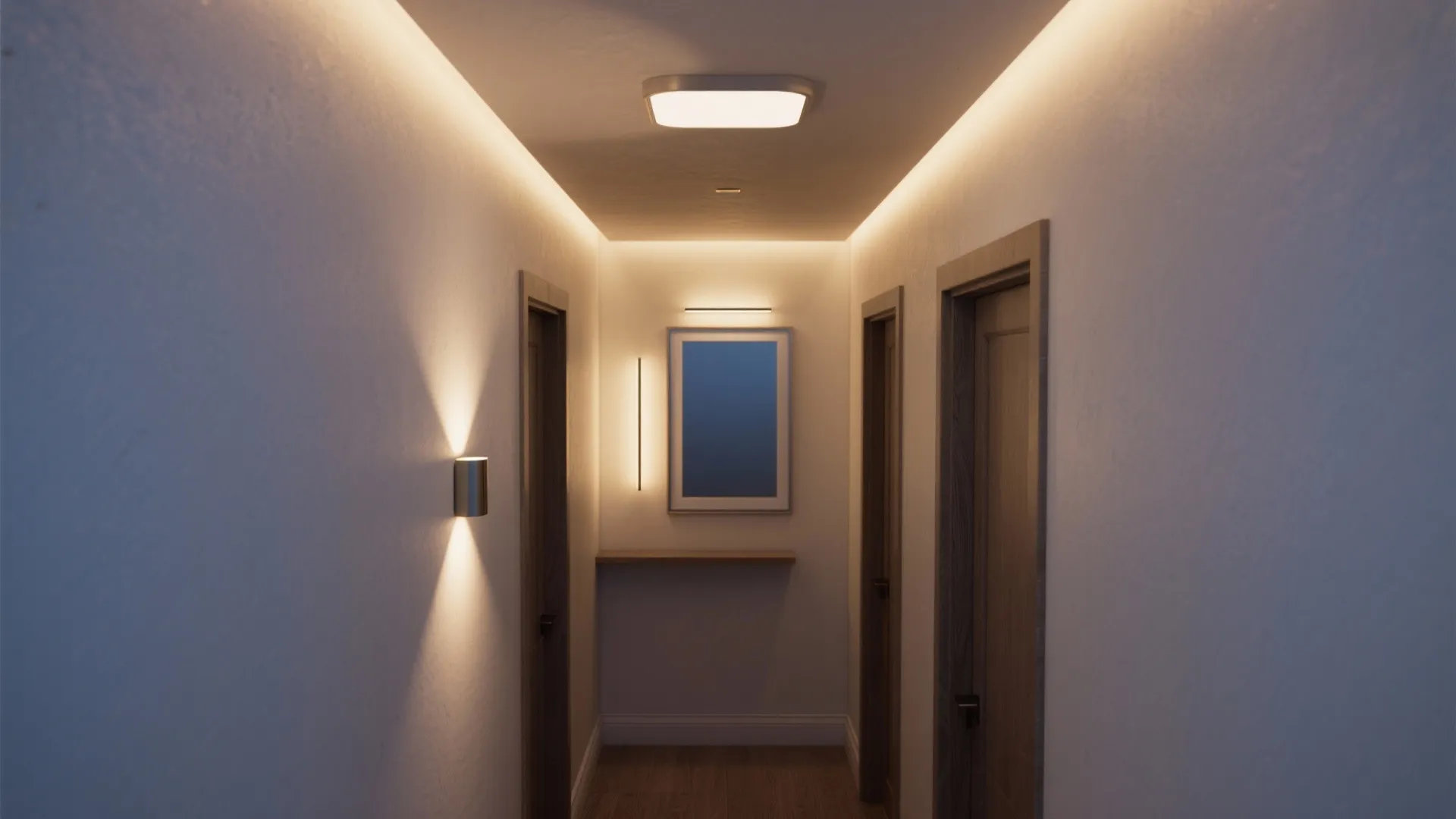 Hallway interior showing warm ceiling light strips a wall light and wooden doors along walls