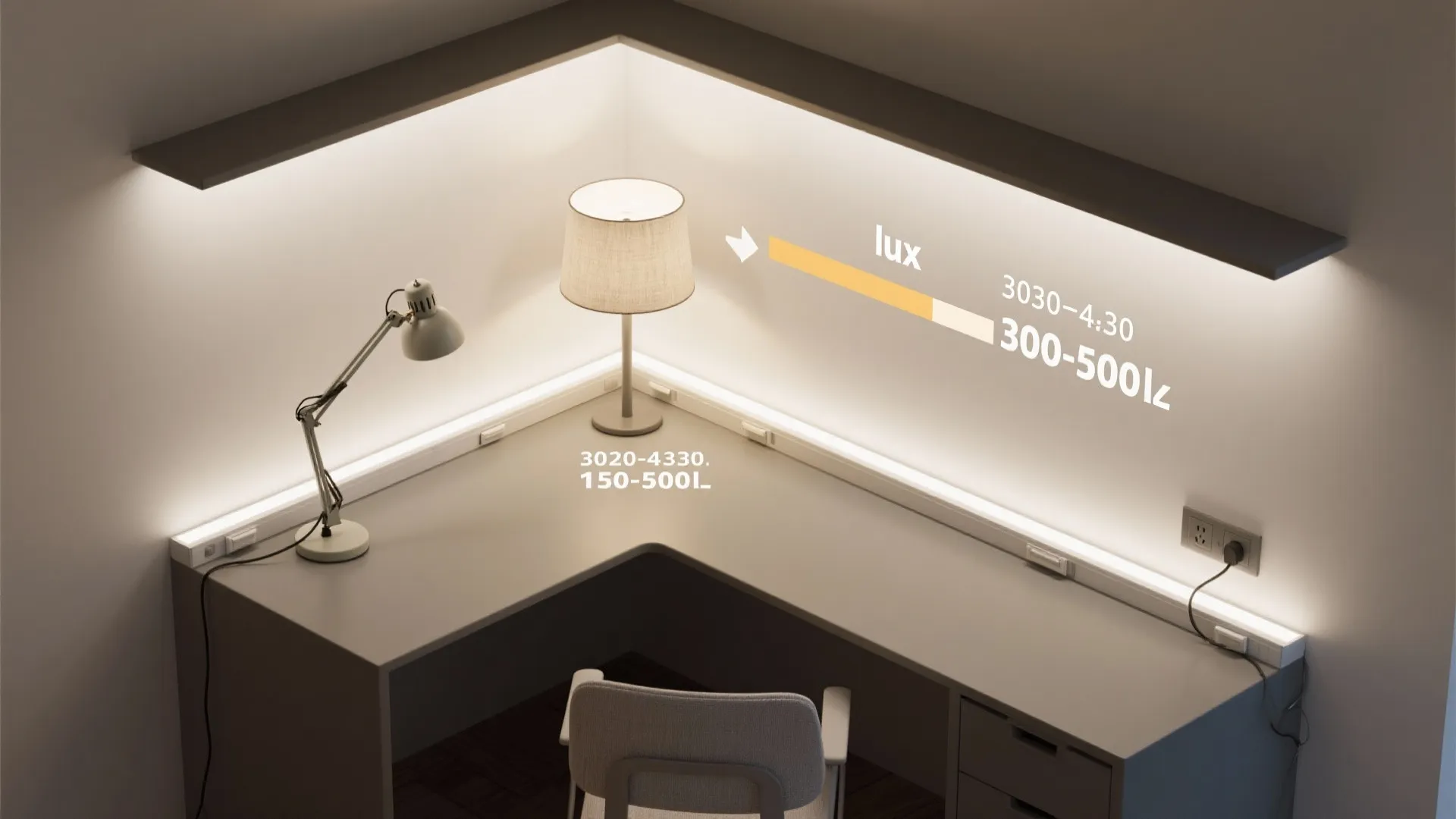 Layered, low-glare lighting for long study hours