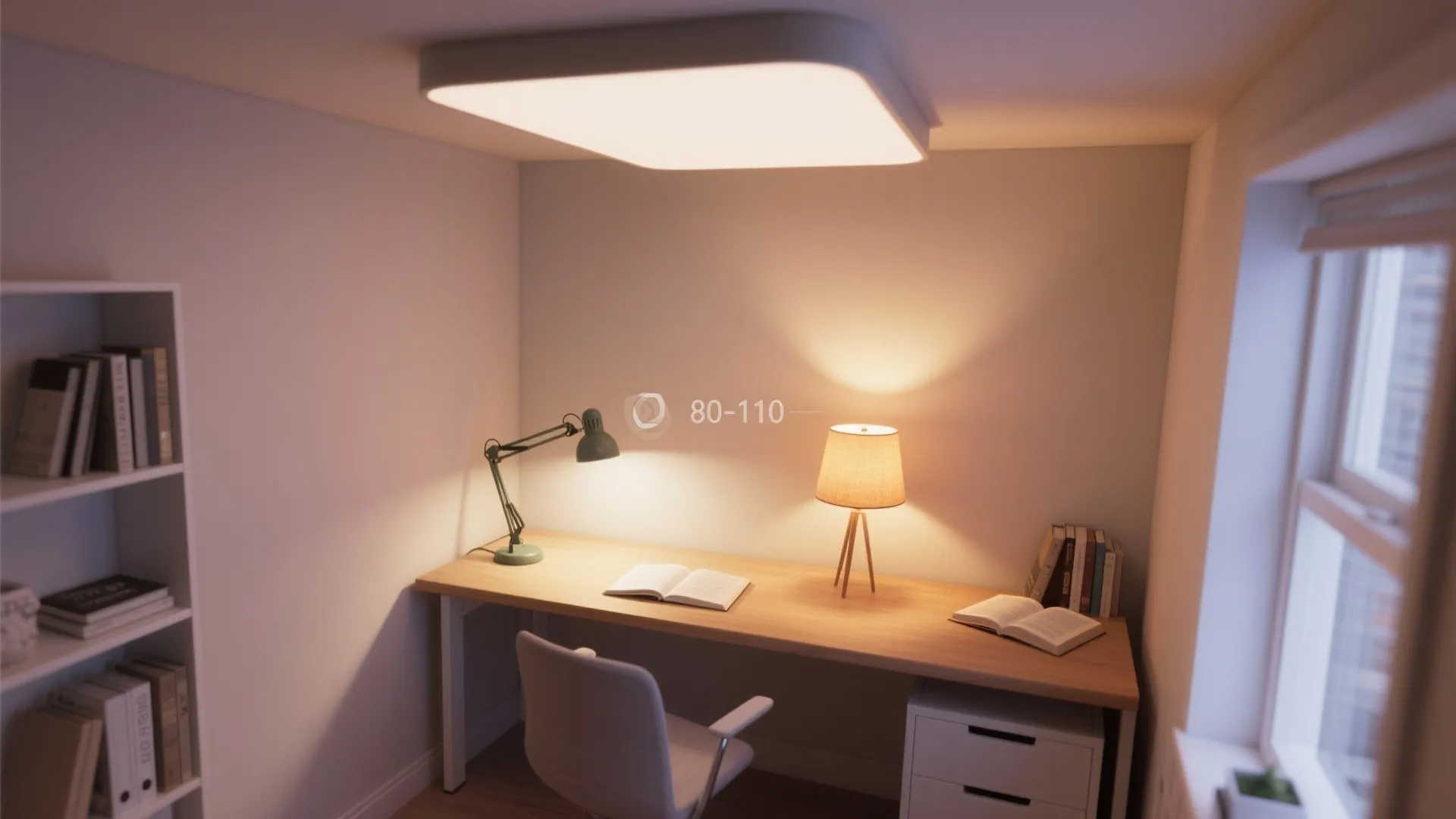 Small home office with ceiling light table lamp desk chair bookshelf and warm indoor lighting
