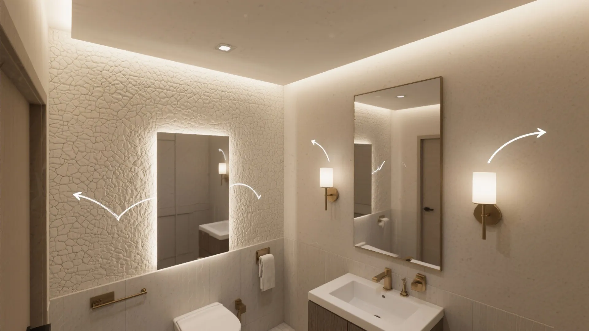 Top-down plan showing ambient light, LED wash, and sconces for 3D tile walls.