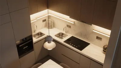 Modern L-Shaped Kitchen with Warm LED Lighting & Smart Storage