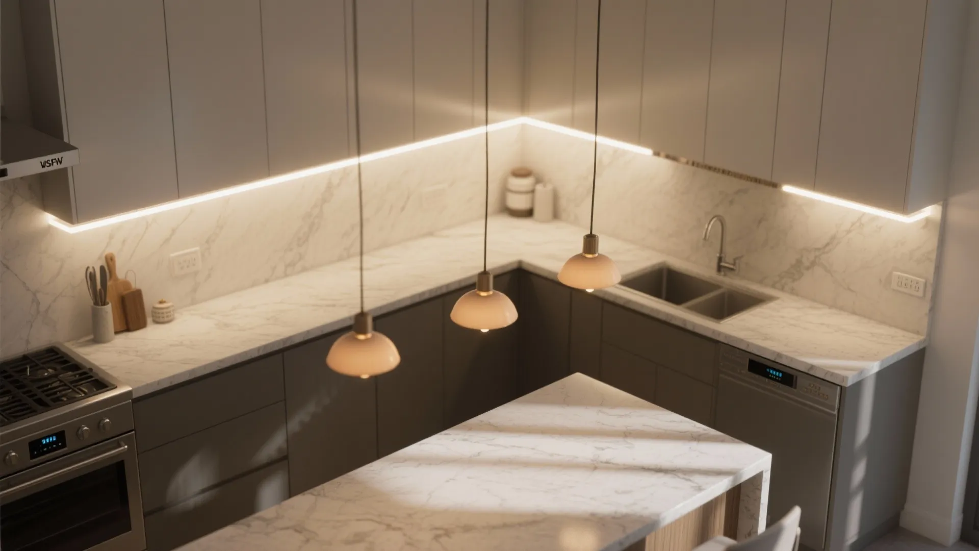Statement Range Hood and Layered Lighting