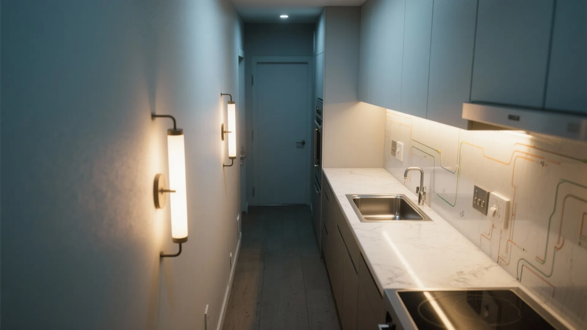 Two-way sconces to layer light with under-cabinet task