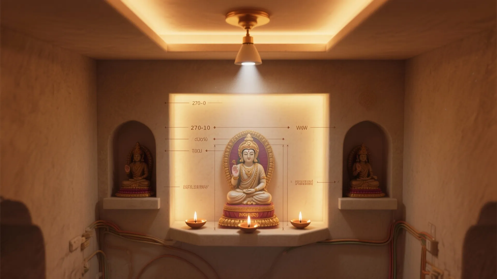 Interior design drawing showing three statues in wall niches with hidden lights and ceiling light