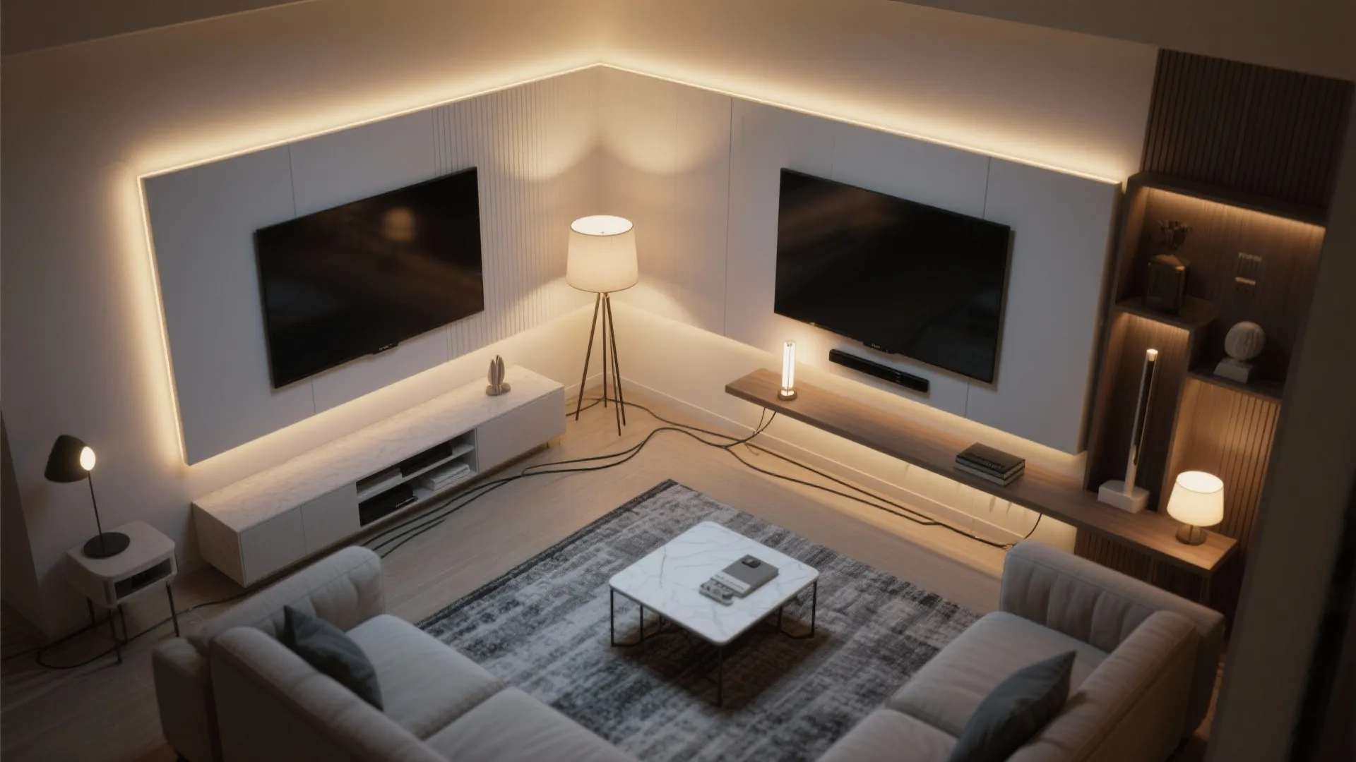 Top-down view of a small living room with ambient wall wash, floor lamp, and table lamp creating layered warm lighting.