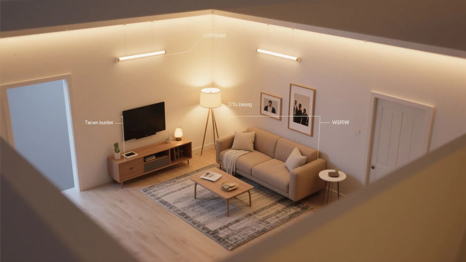 Modern living room showing sofa wooden table television floor lamp and various warm indoor light fixtures