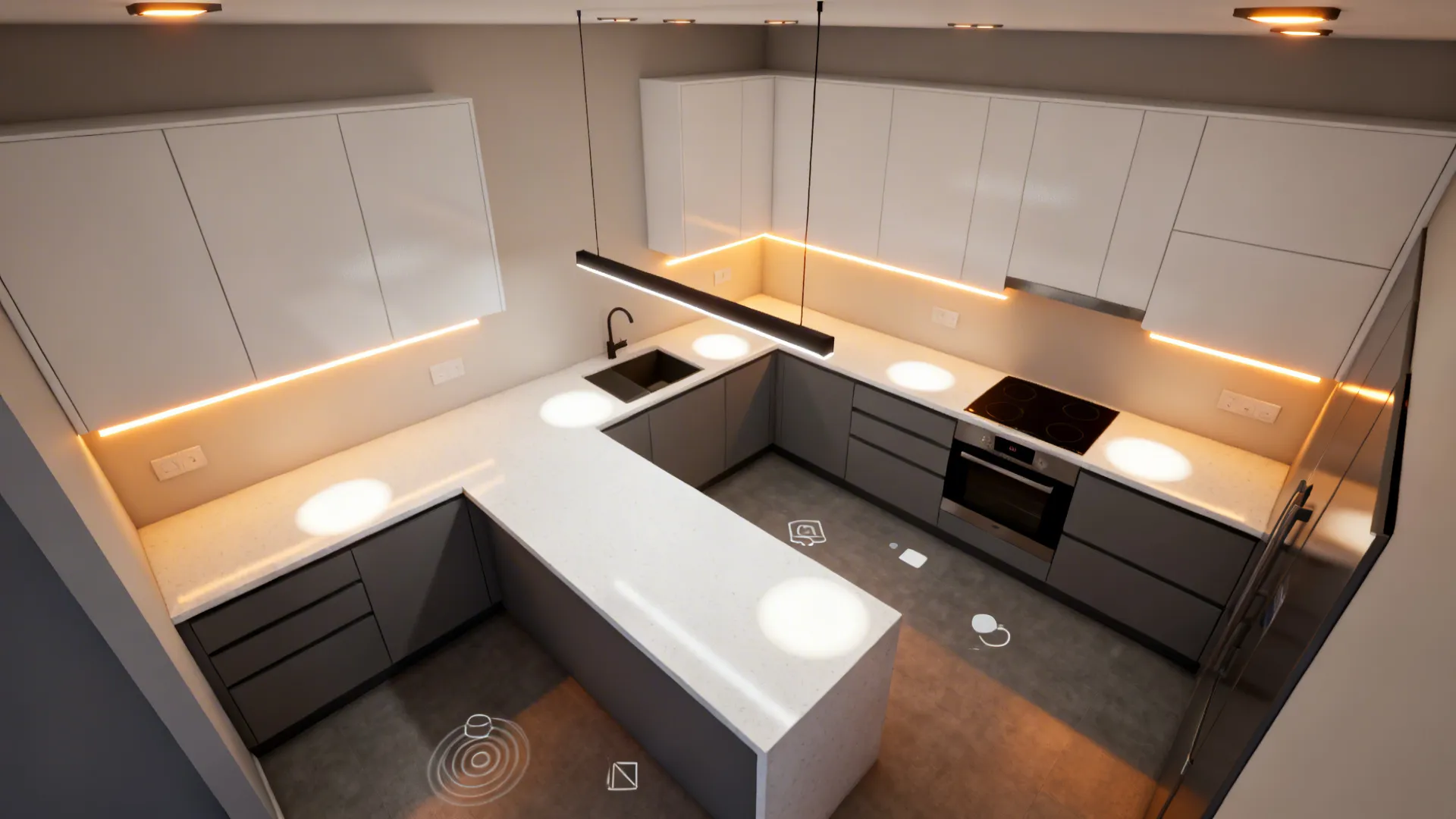 Lighting Strategy: Layered LEDs in a Grey-White Envelope