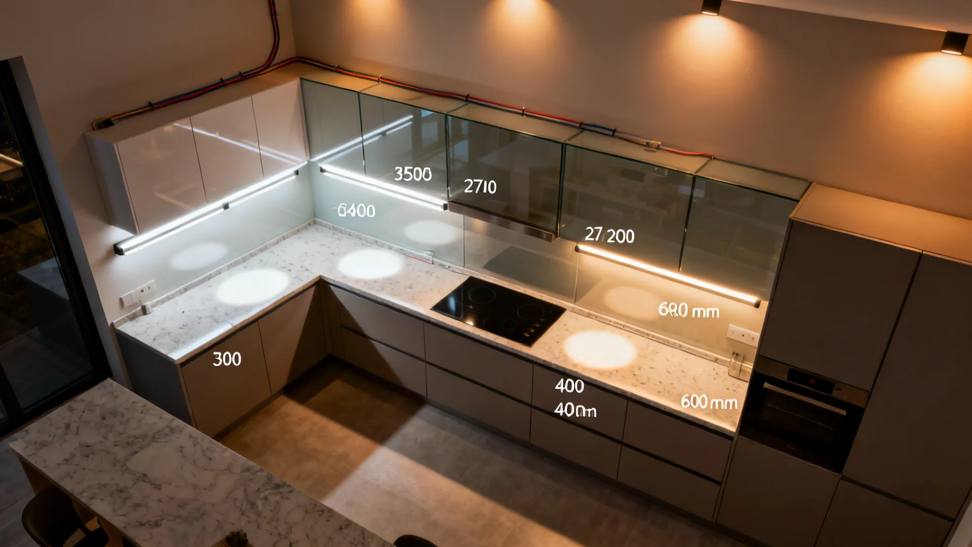 Top-down view illustrating task, ambient, and accent lighting layers in a compact kitchen.